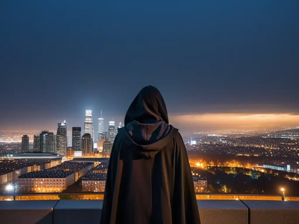 Un solitario personaje se destaca en la silueta de la ciudad de noche, rodeado por luces urbanas que crean un halo etéreo