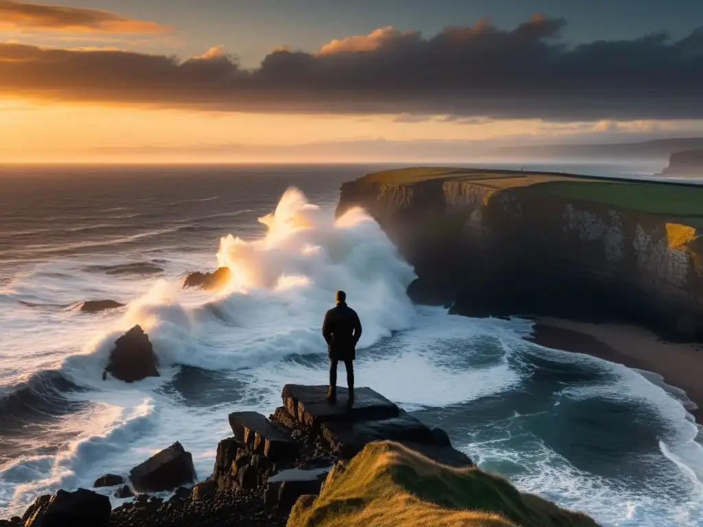 Un solitario personaje observa el tumultuoso mar desde el borde de un acantilado al atardecer, evocando la venganza en El Conde de Montecristo