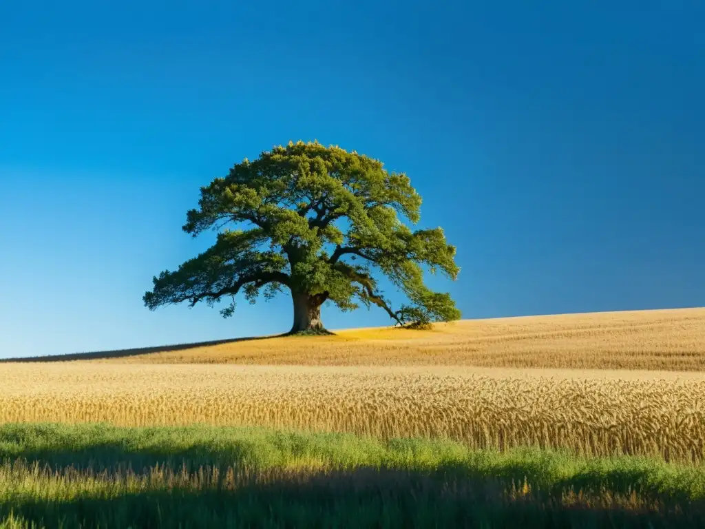 Un solitario roble en un campo de trigo dorado bajo un cielo azul