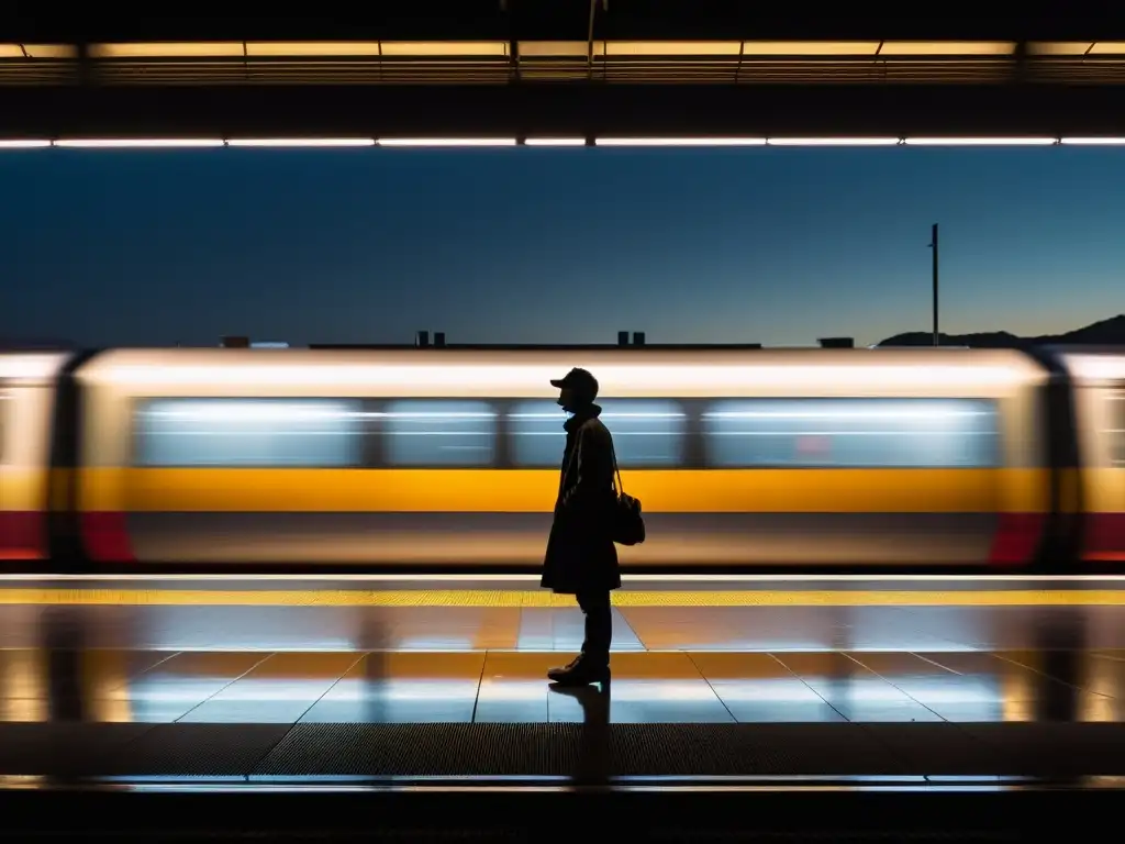 Un andén solitario de estación de tren, con una figura esperando en la penumbra