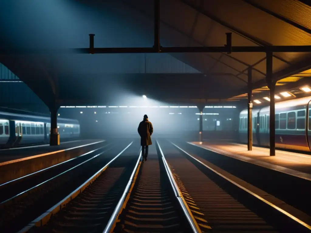 Un solitario en la estación de tren, mirando a la oscuridad de las vías vacías