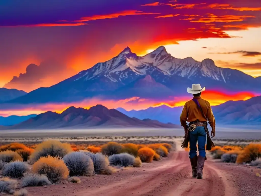 Un solitario vaquero recortado contra un atardecer ardiente, cabalgando hacia una cadena montañosa