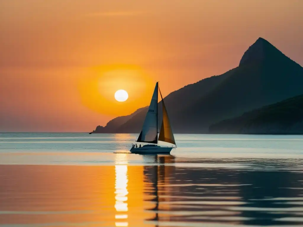 Un solitario velero en un tranquilo océano dorado al atardecer, evocando un simbolismo marino en obras literarias de Shakespeare