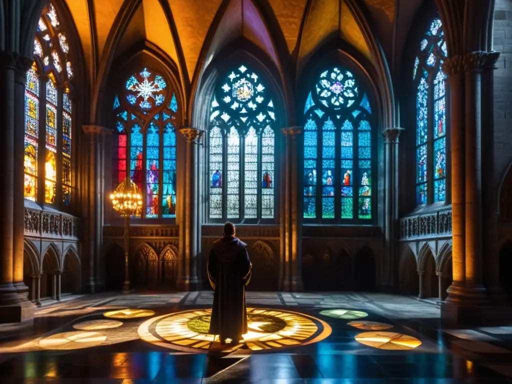 Figura en sombras contempla la antigua catedral gótica iluminada por la luna, evocando la influencia de la mitología en la literatura gótica