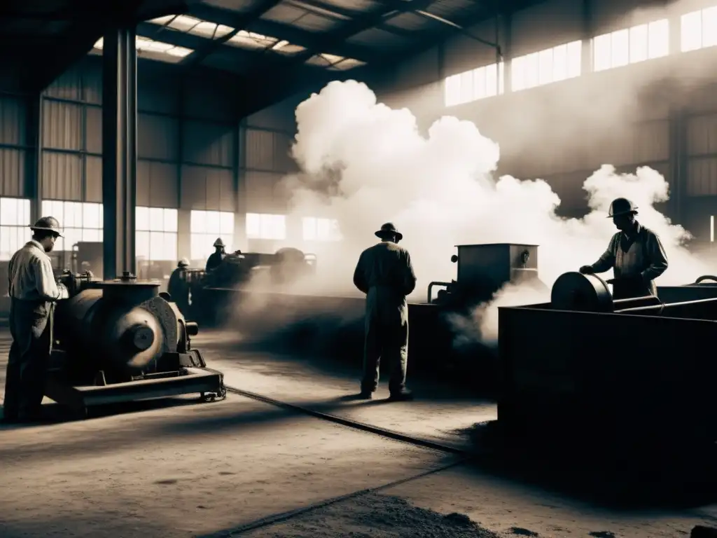 Un sombrío escenario industrial en blanco y negro, con trabajadores operando maquinaria entre nubes de vapor y humo