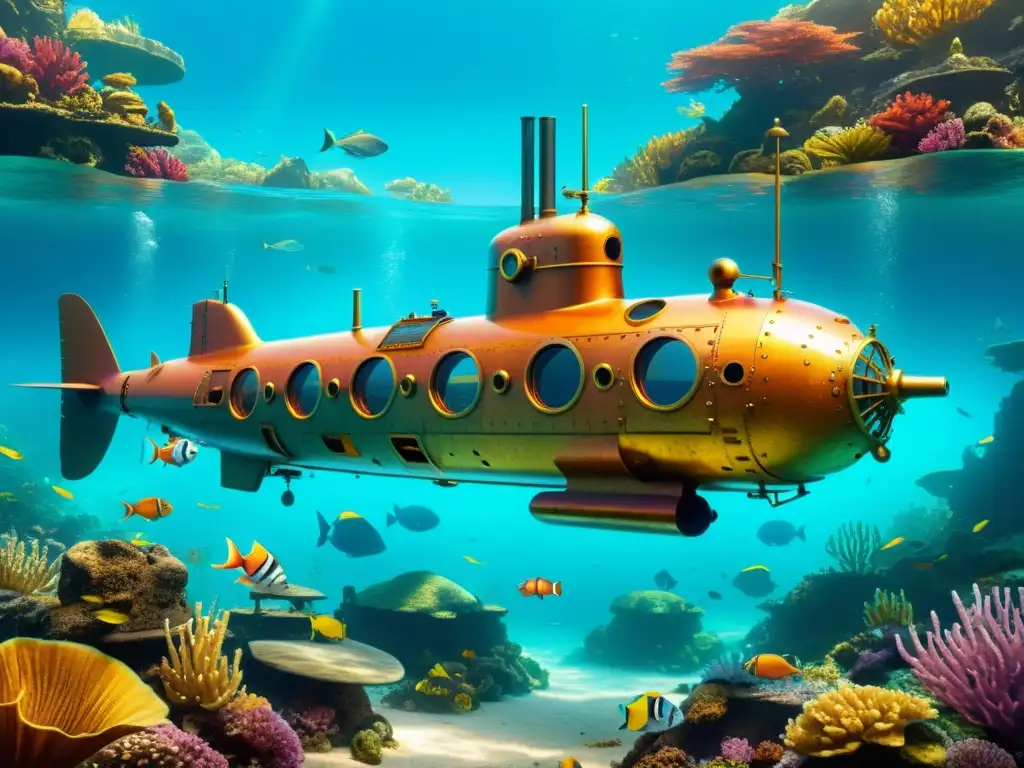 Un submarino steampunk del siglo XIX explorando un vibrante paisaje submarino, con influencia en los viajes narrativos de Julio Verne