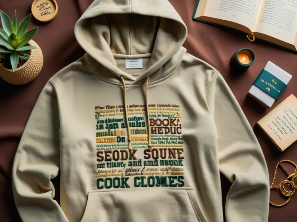 Sudadera literaria: comodidad, cultura y prenda elegante con detalles de libros y citas, en un ambiente acogedor y sofisticado