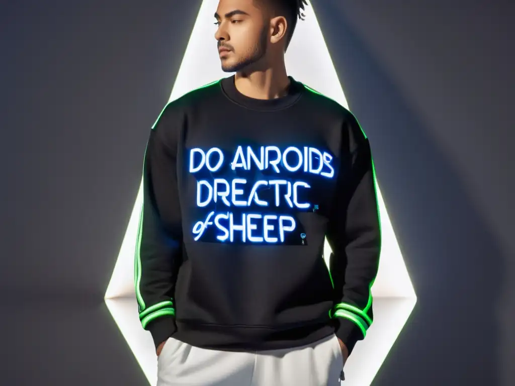 Sudadera negra minimalista con el texto 'Do Androids Dream of Electric Sheep?' en blanco rodeado de líneas y formas futuristas, fusionando moda y literatura en un diseño moderno y elegante