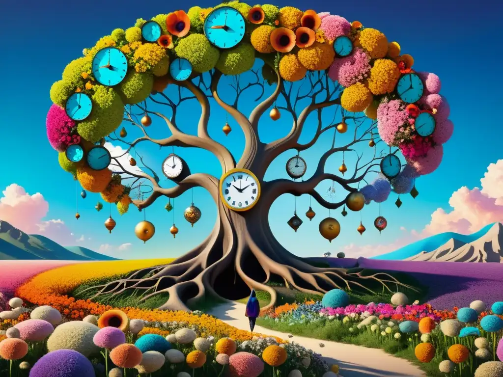 Surreal paisaje con relojes fundidos, ojos flotantes y figura distorsionada entre flores gigantes