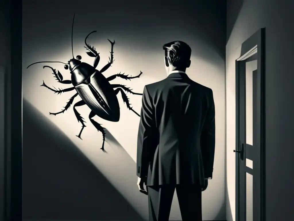 Surrealismo en La Metamorfosis Kafka: Ilustración en blanco y negro de un hombre con cabeza de cucaracha en una habitación sombría