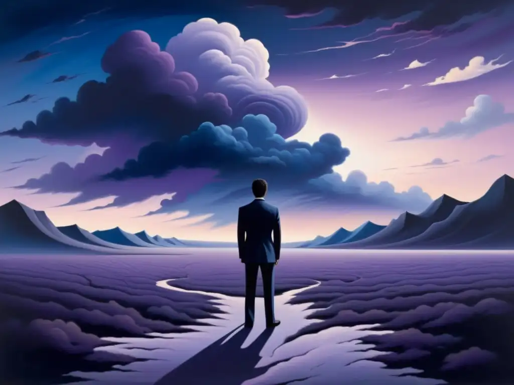 Surrealismo en La Metamorfosis Kafka: Pintura surrealista de figura solitaria con sombra distorsionada en paisaje desolado y cielo onírico