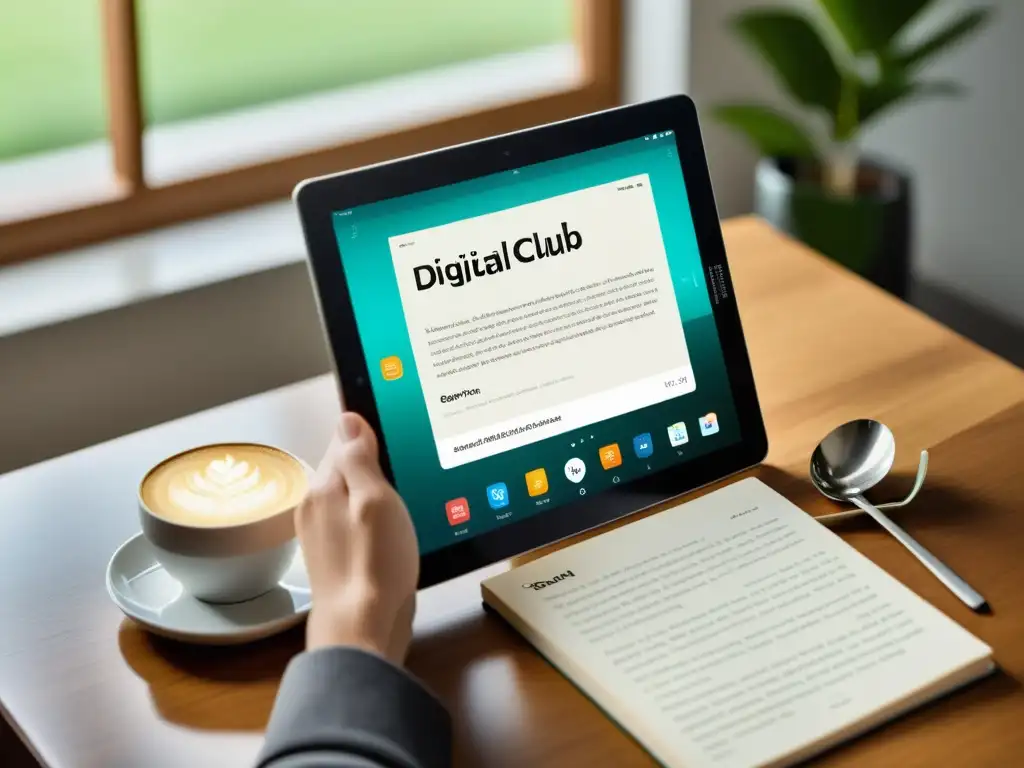 Tablet con aplicación para clubes de lectura en un entorno sereno y moderno, con luz natural cálida