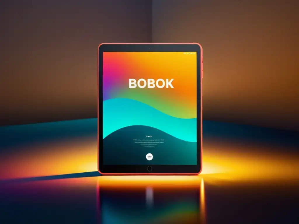 Tablet digital muestra portada de ebook vibrante y detallada, rodeada de cálido resplandor