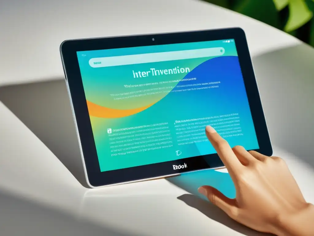 Una tablet muestra un ebook interactivo con vibrantes visuales y elementos táctiles