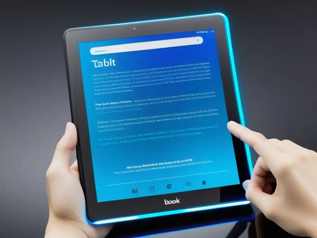 Una tablet futurista muestra una guía de reseñas de ebooks en la era digital, con diseño minimalista y tecnología dinámica