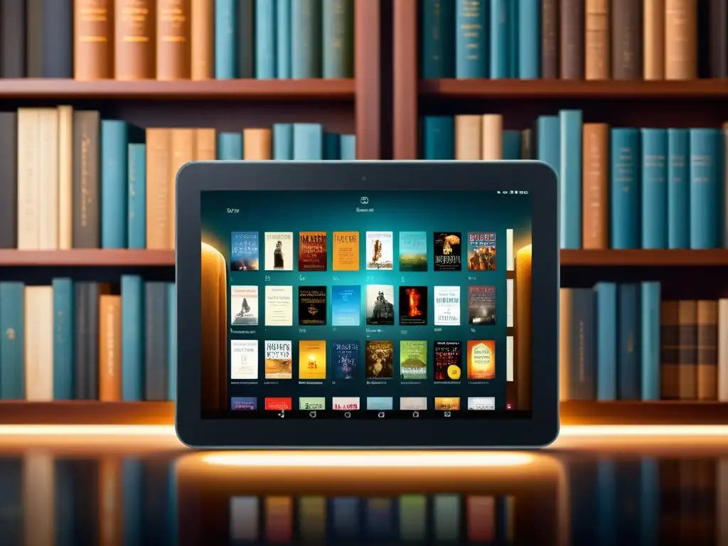 Una tablet moderna muestra una biblioteca virtual de clásicos literarios con una cálida luz, ofreciendo ebooks gratuitos de literatura clásica