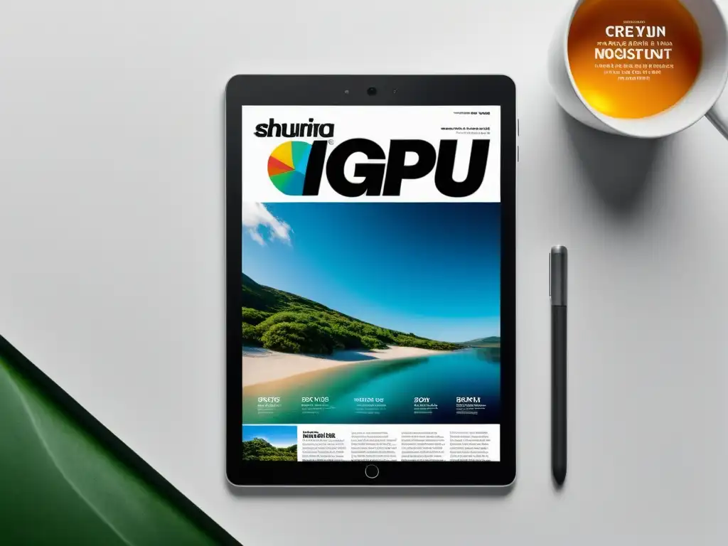 Una tablet moderna muestra una revista visual en la plataforma Issuu, con un diseño elegante y sofisticado