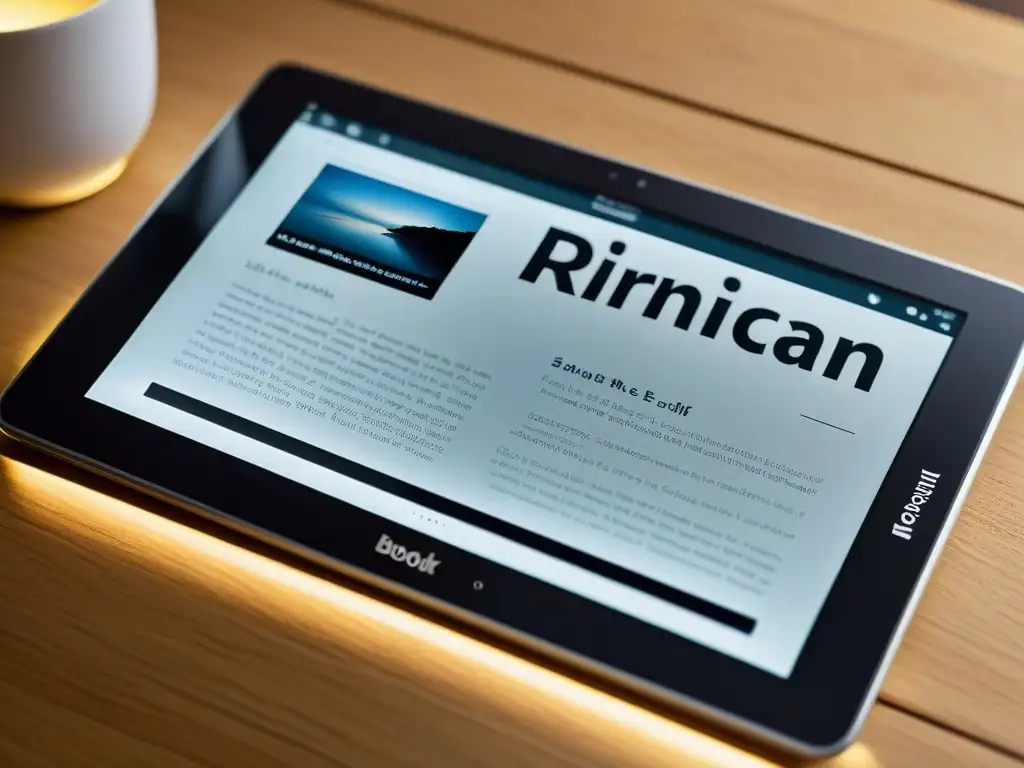 Tableta moderna mostrando libro electrónico con diseño minimalista Tablet moderno muestra app elegante para leer libros electrónicos