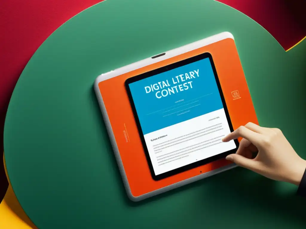 Tablet moderno muestra impacto era digital en concursos literarios con diseño minimalista y colores vibrantes