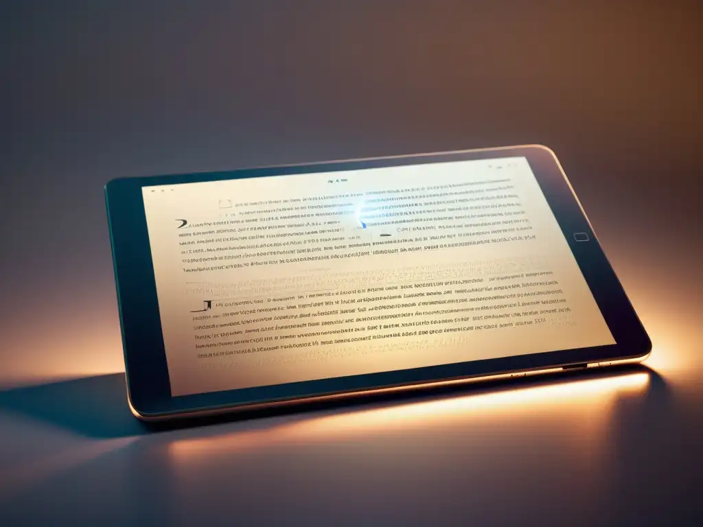 Tablet moderno con texto digital teatral iluminado por luz cálida