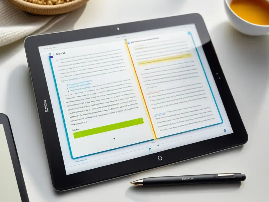 Tablet con notas digitales ordenadas y resaltos en libro, reflejando eficiencia y organización para las mejores apps tomar notas libros digitales