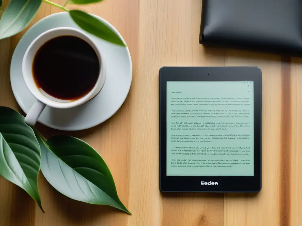 Una tableta con una aplicación de lectura personalizable, junto a gafas, café y planta