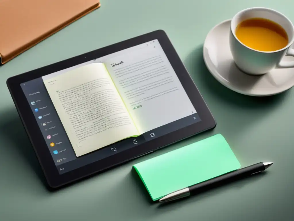 Tableta con app de notas para libros digitales, destacando pasaje con nota virtual