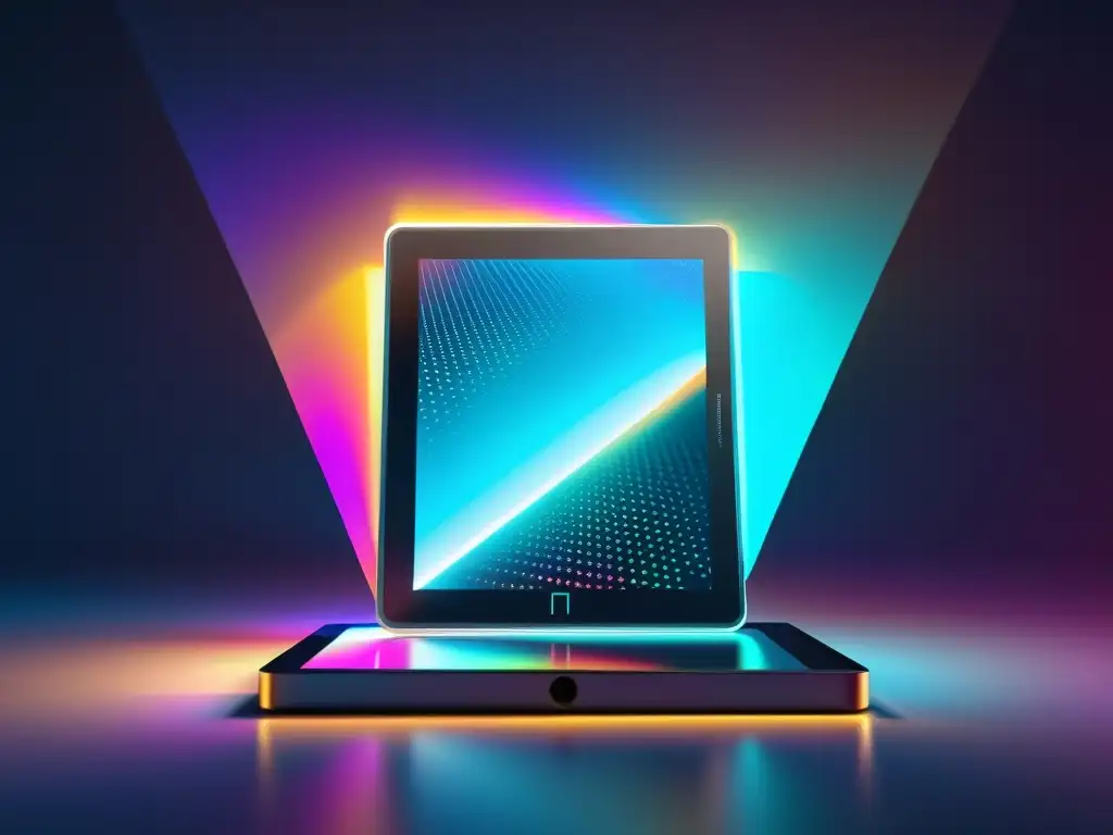 Tableta digital muestra libro holográfico 3D con formas dinámicas, reflejando innovación tecnológica y aplicaciones para potenciar reseñas de lectores