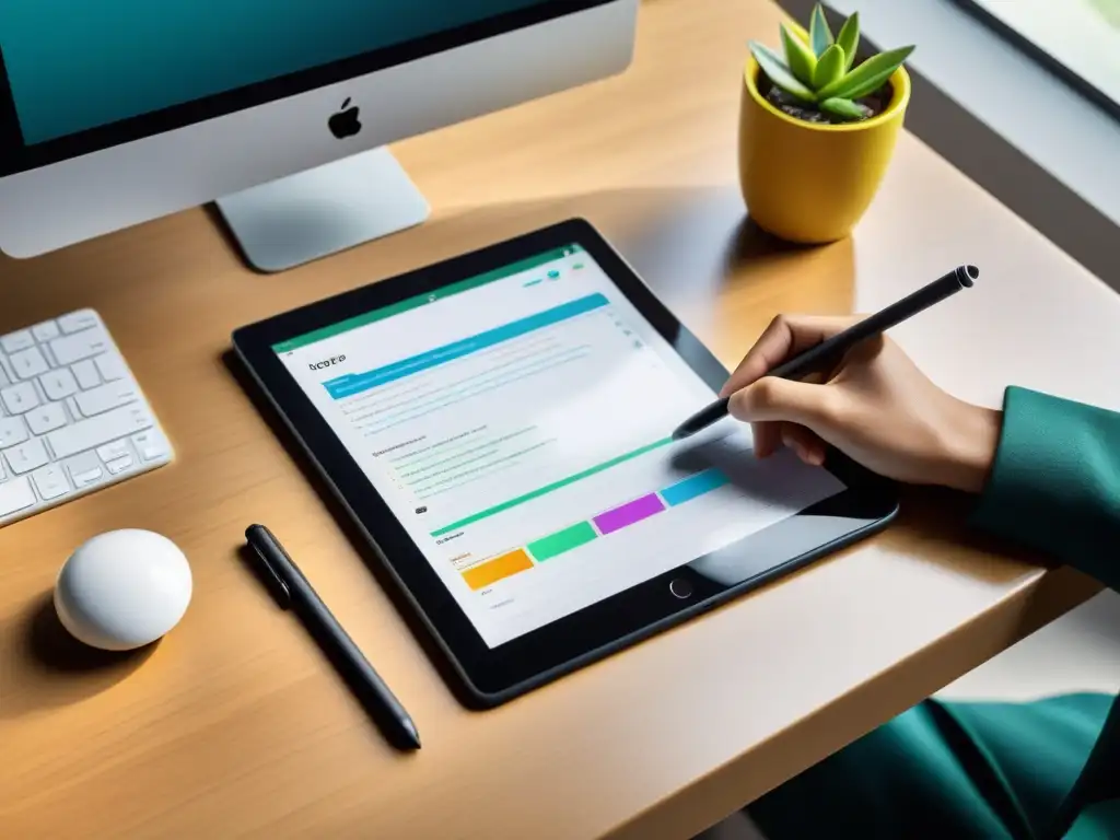 Una tableta elegante muestra la app de notas digitales con colores organizados