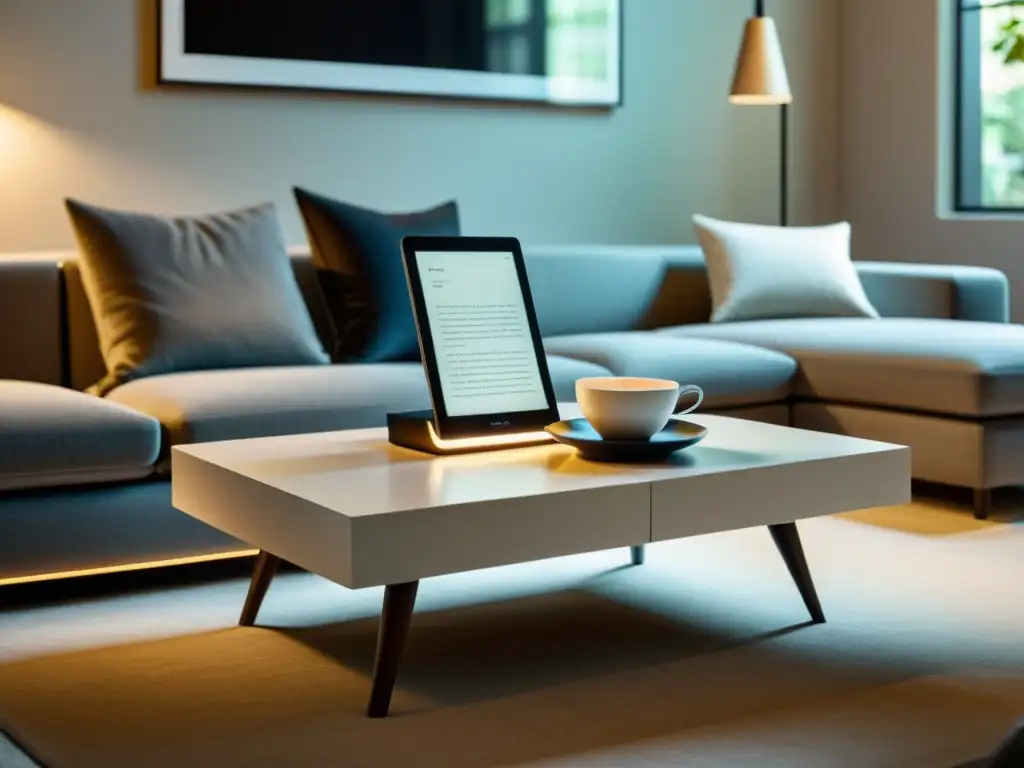 Decoración con ebooks y tablets en moderno salón minimalista iluminado con calidez