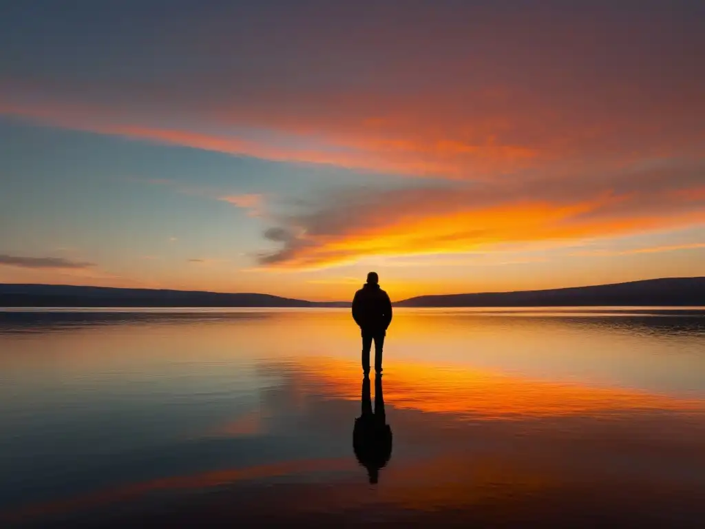 Taller avanzado de imaginería poética: silueta contemplativa en lago sereno reflejando un vibrante atardecer simétrico