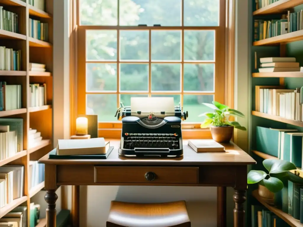 Un taller de escritura acogedor y bien iluminado con una mesa de madera, una máquina de escribir vintage y un montón de páginas en blanco