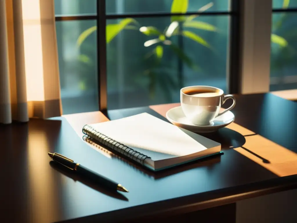 Taller de iniciación a la escritura de novelas: escritorio minimalista con libreta en blanco, pluma y café, bañado por luz cálida