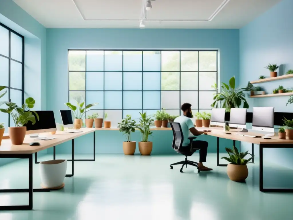 Taller de escritura online: productividad y tranquilidad Un taller de escritura online moderno y sereno con mobiliario ergonómico, monitores de última generación y una paleta de colores tranquilizadora