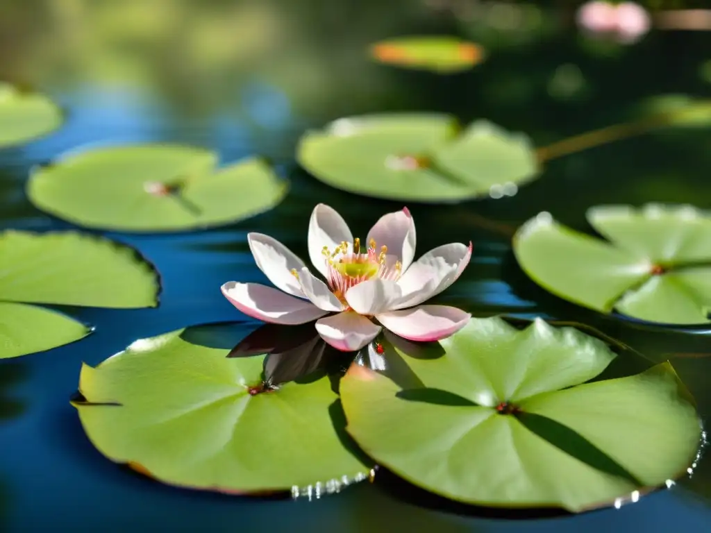 Taller de haiku y poesía breve: Una flor de cerezo flota en un lago sereno, rodeada de exuberante vegetación y luz filtrada