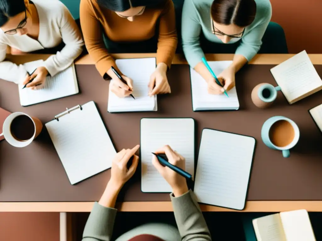 Un taller literario donde escritores colaboran, creando profundidad de personajes y atmósferas en una consultoría literaria