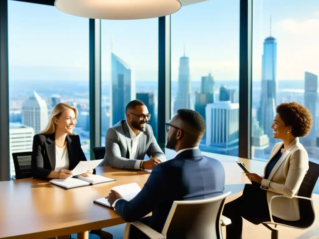 Taller de redacción profesional de comunicaciones corporativas: Profesionales en reunión, colaborativa y enfocada, con vista a la ciudad