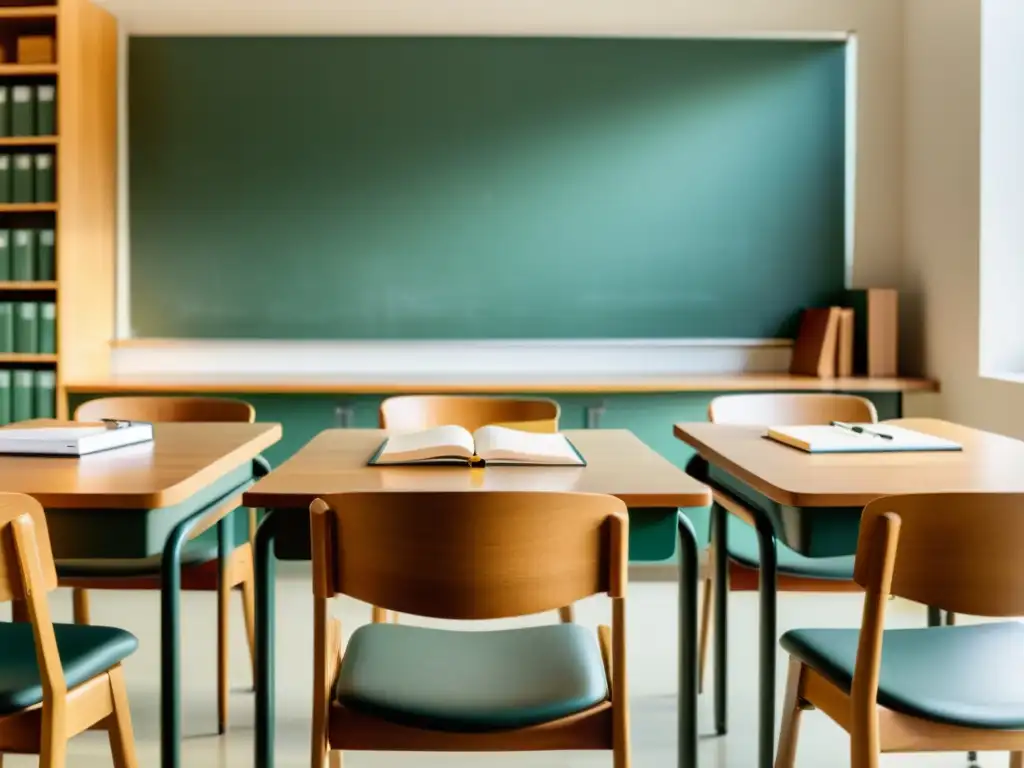 Talleres de escritura para todos: un aula minimalista bañada en luz natural, con una mesa de madera grande rodeada de sillas vacías