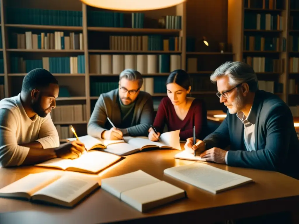 Talleres de escritura para autores: Escritores famosos concentrados en sus creaciones, rodeados de libros y papeles en una cálida atmósfera de estudio