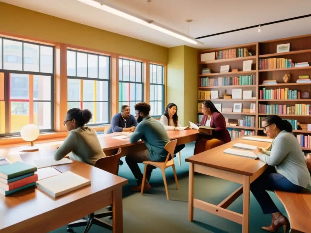 Talleres de escritura para publicar: Grupo diverso en animada discusión, rodeado de libros y arte en un acogedor taller literario iluminado por el sol