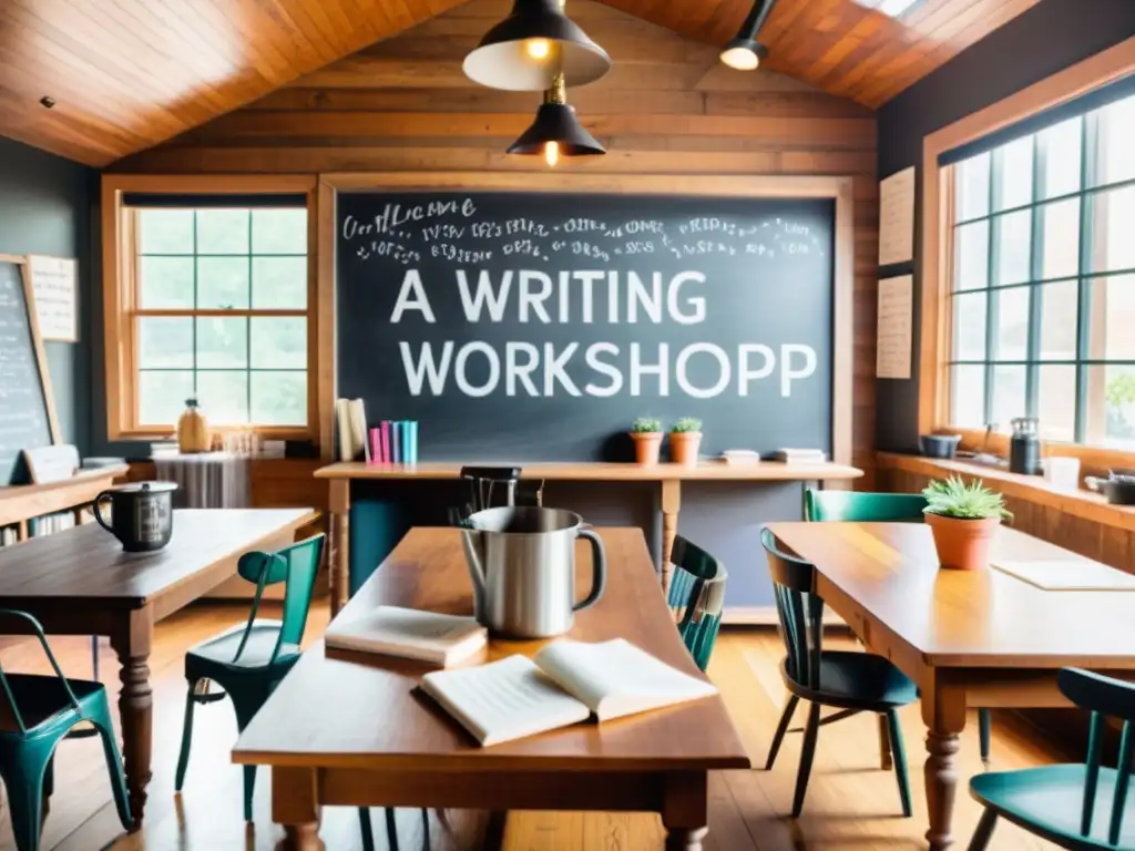 Taller de escritura acogedor con luz natural y café Talleres de escritura presenciales: ambiente acogedor con mesa de madera, luz natural y pizarrón lleno de notas inspiradoras