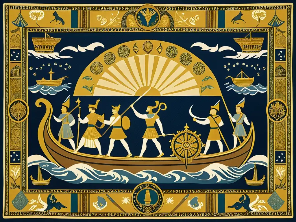 Una tapestry de tonos dorados representa la búsqueda de la codiciada piel de oro por los argonautas, con riqueza mitológica saga argonautas