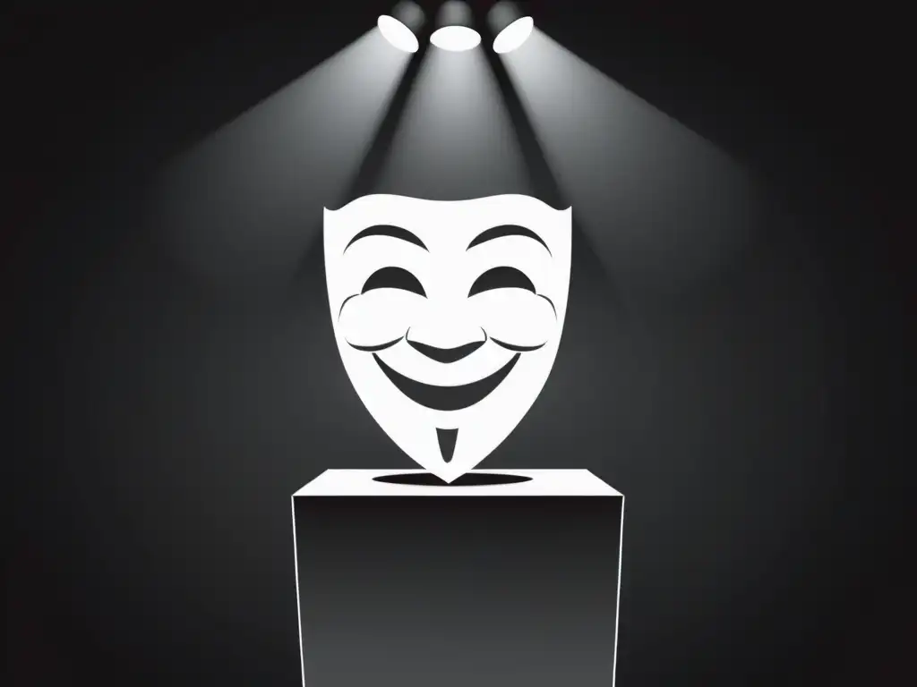 Un teatro en blanco y negro con una máscara de comedia iluminada