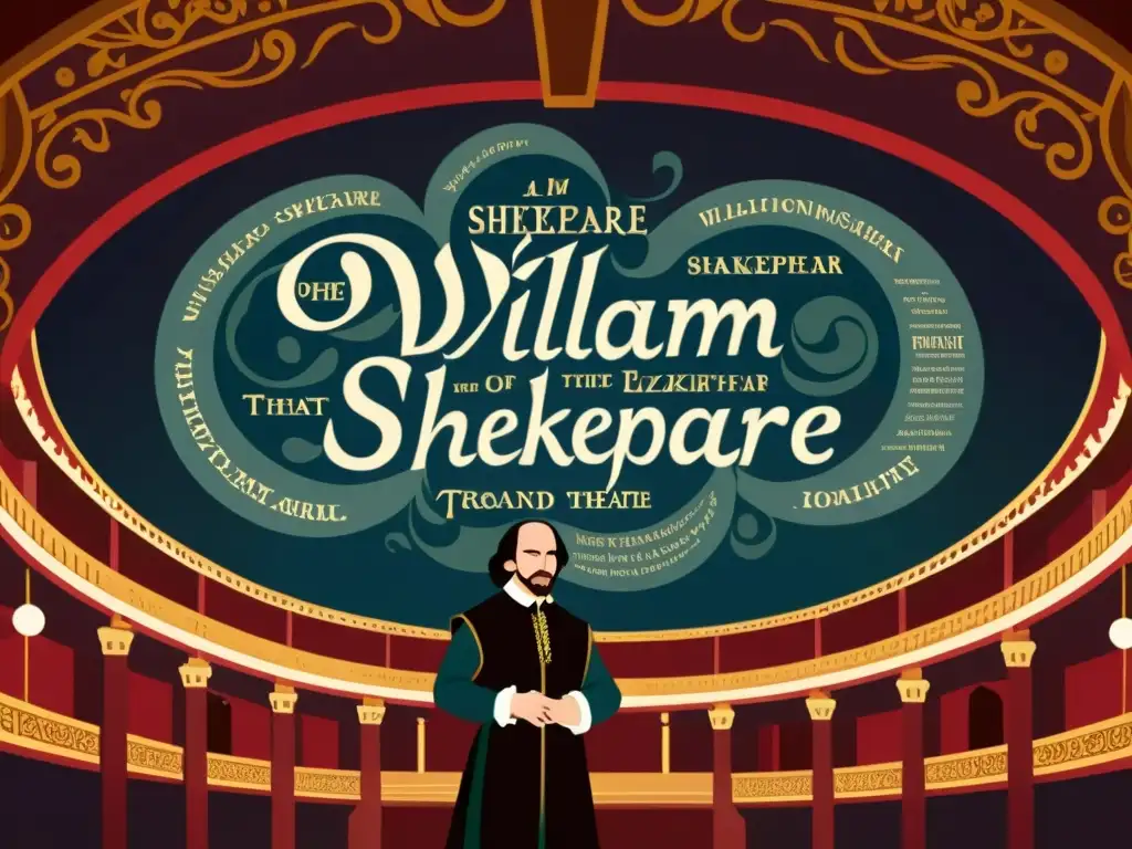 William Shakespeare en un teatro renacentista, rodeado de palabras en diferentes idiomas, con iluminación dramática