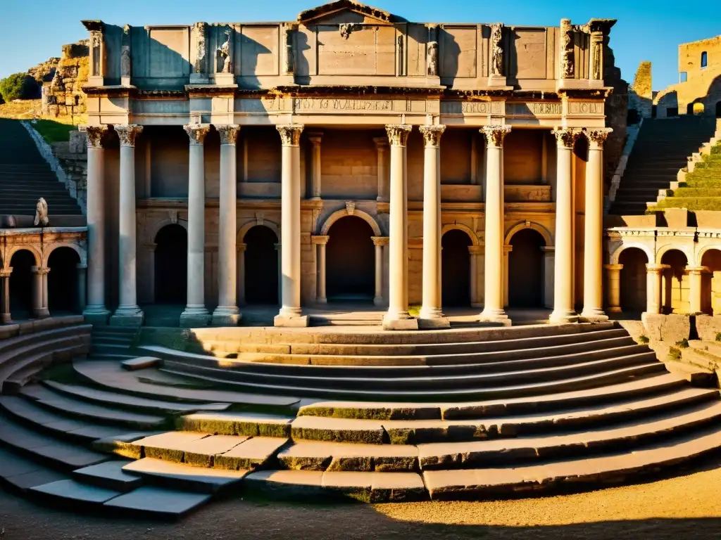 Teatro romano antiguo con esculturas y arcos, el sol crea sombras dramáticas en las ruinas, evocando el poder y la locura en Seneca