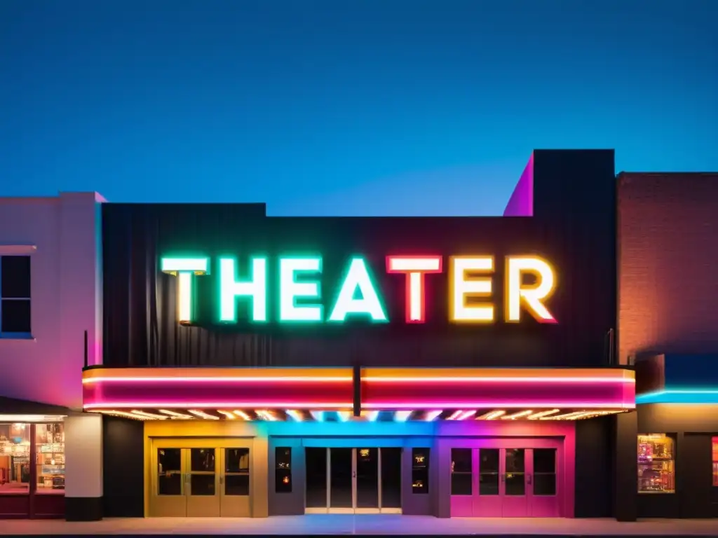 Un teatro urbano con luces de neón vibrantes mostrando los mejores títulos para marketing literario