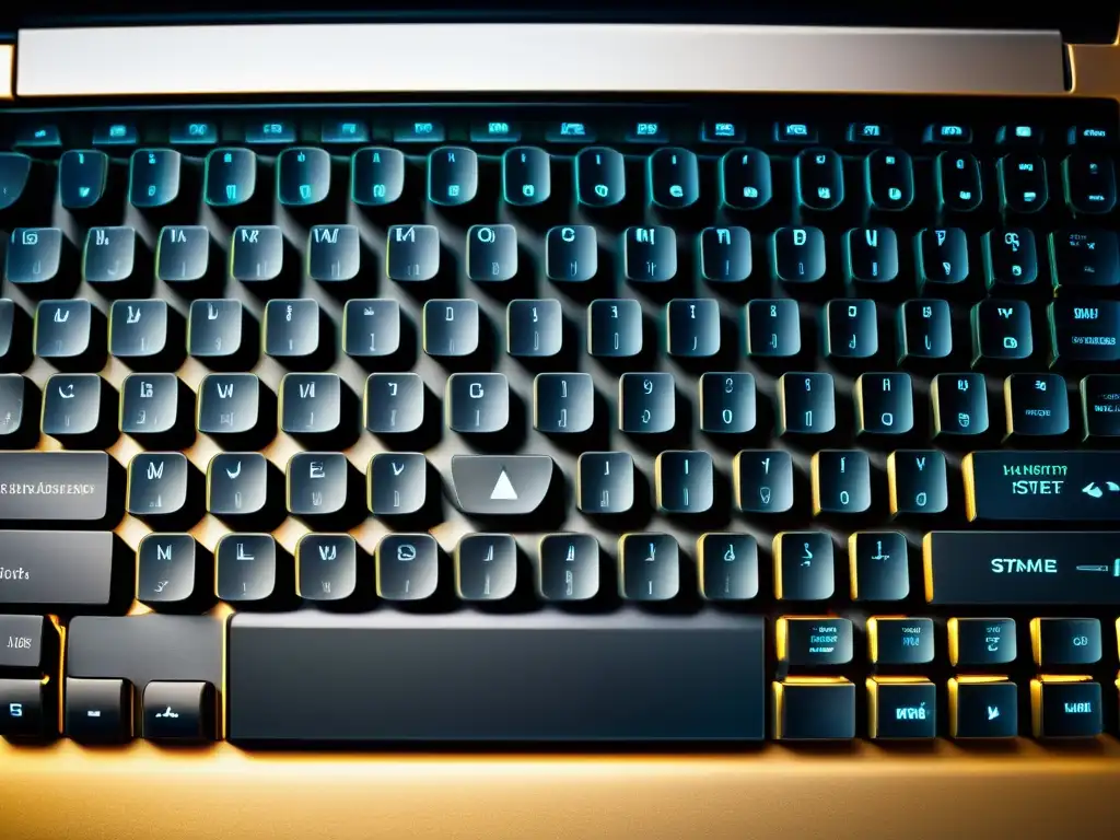 Teclado de laptop con décadas de historia Teclado de laptop desgastado por el uso, iluminado por la pantalla