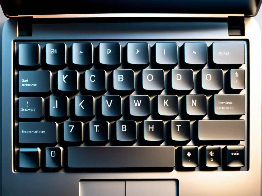 Teclado de laptop moderno con iluminación natural, reflejos metálicos y teclas ordenadas