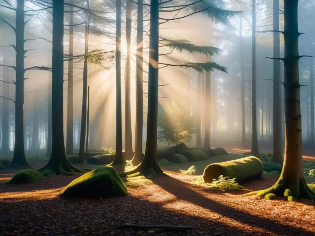 Técnica de personificación en narrativa: Bosque al amanecer, con luz filtrándose entre la niebla, creando una atmósfera serena y mística