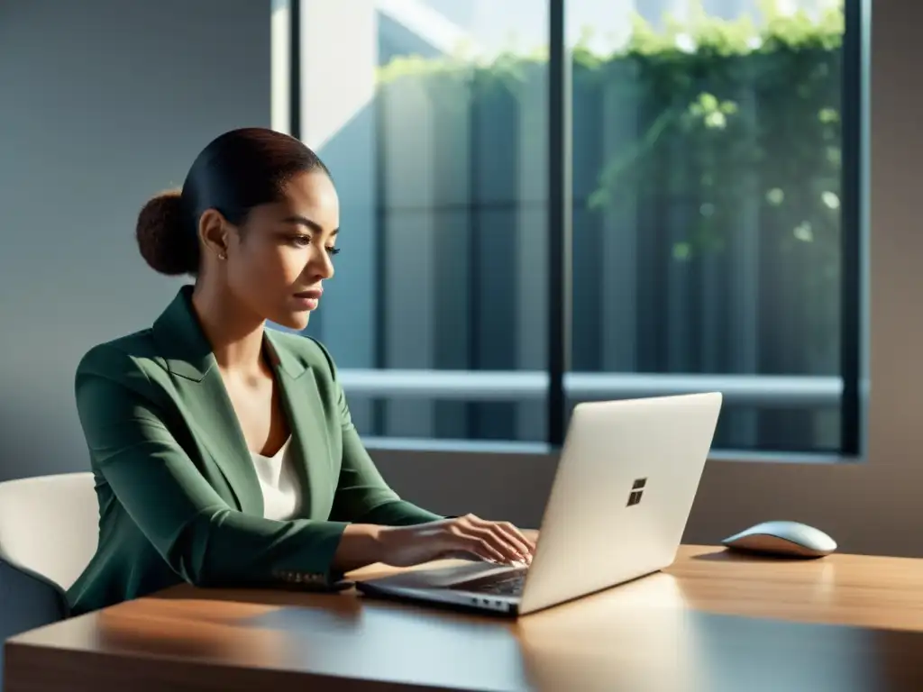 Técnicas de escritura para blogs digitales: Mujer profesional concentrada, escribiendo en laptop en un elegante escritorio iluminado por luz natural